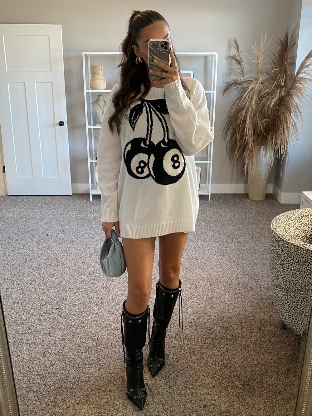 Fashion Nova White Knit Sweater with Black Cherry Graphic